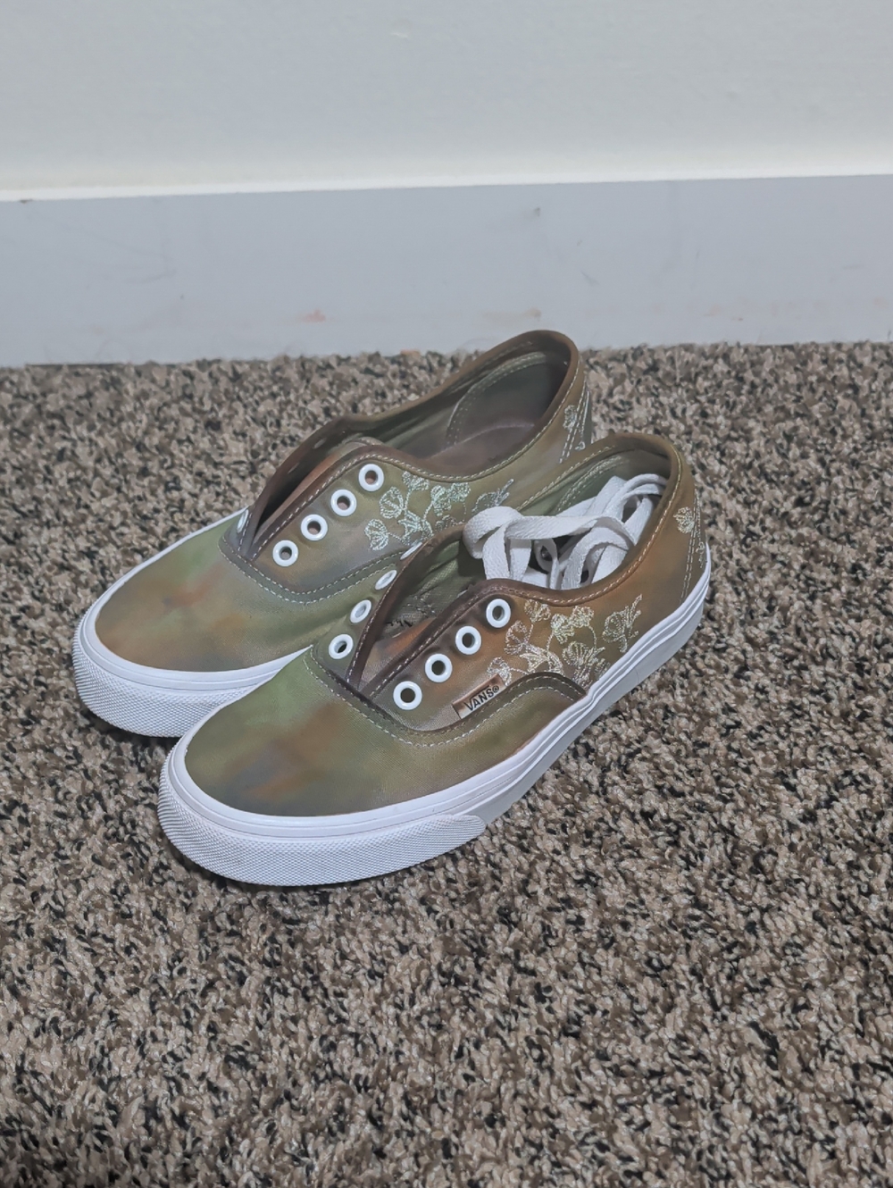 Vans Slip-On Sneakers with Green Tie-Dye and White Floral Embroidery